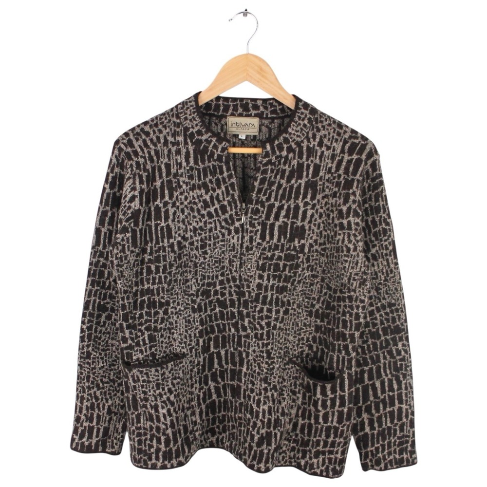 Intiwara Alpaca Full Zip Sweater Knit Brown Textured Pattern Women's Size Large